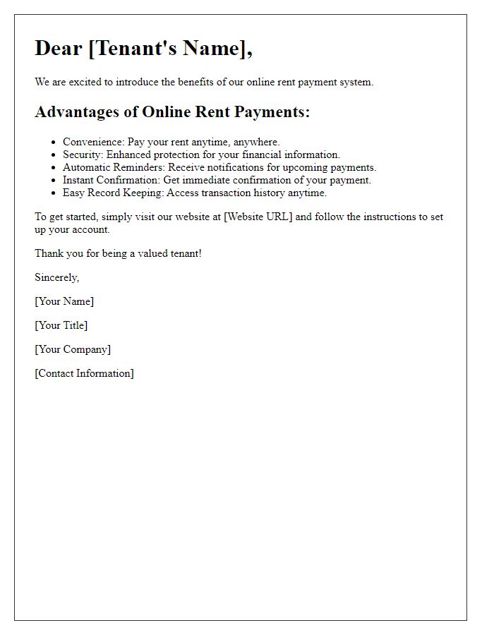 Letter template of online rent payment benefits