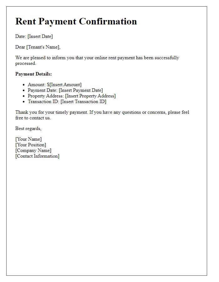 Letter template of online rent payment confirmation