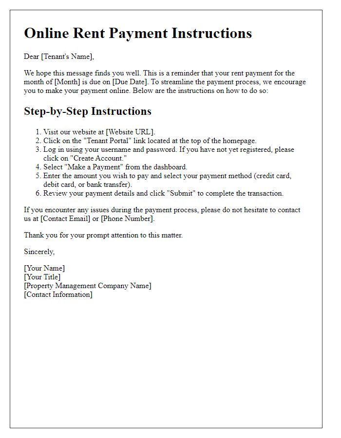 Letter template of online rent payment instructions