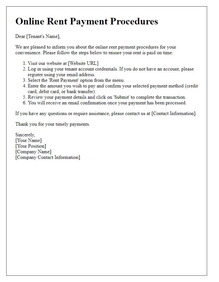 Letter template of online rent payment procedures