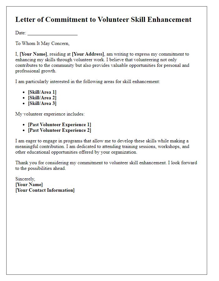 Letter template of commitment to volunteer skill enhancement.