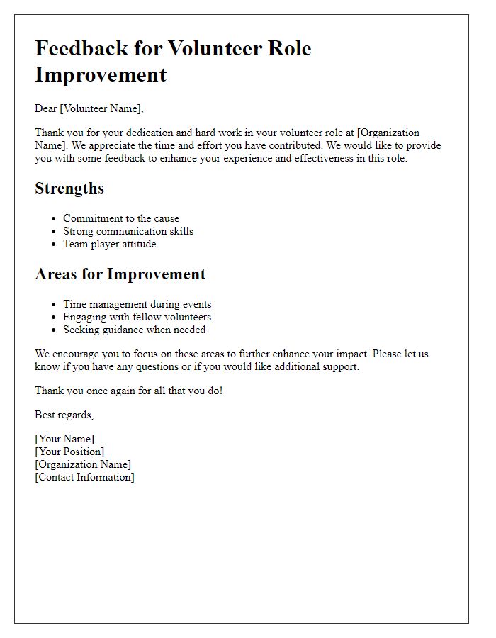 Letter template of feedback for volunteer role improvement.