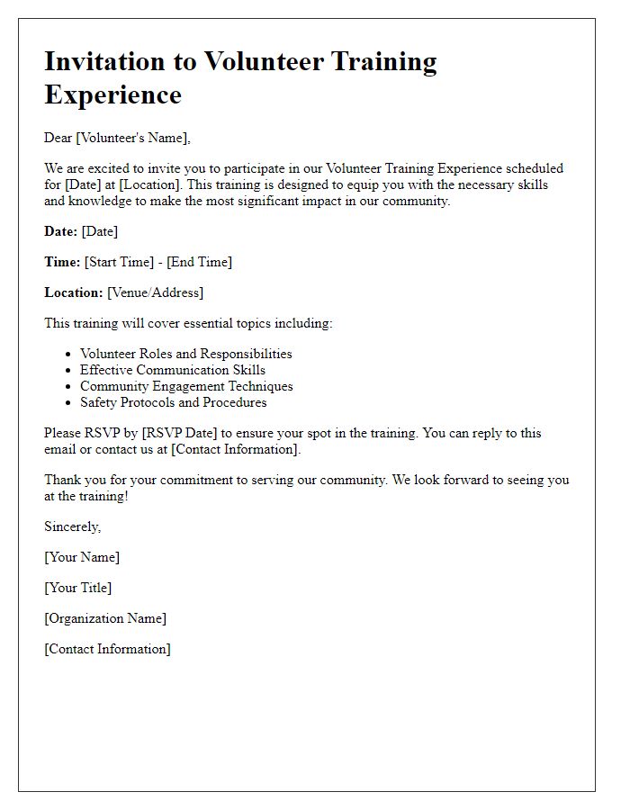 Letter template of invitation for volunteer training experiences.