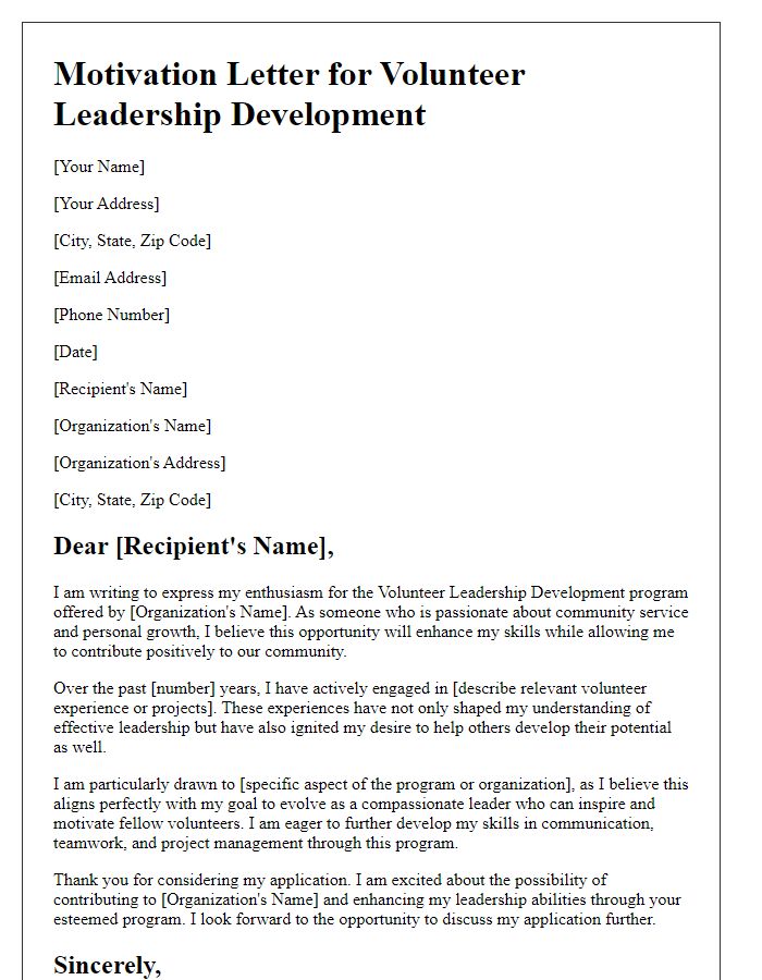 Letter template of motivation for volunteer leadership development.