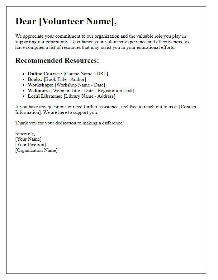 Letter template of resources for volunteer education.