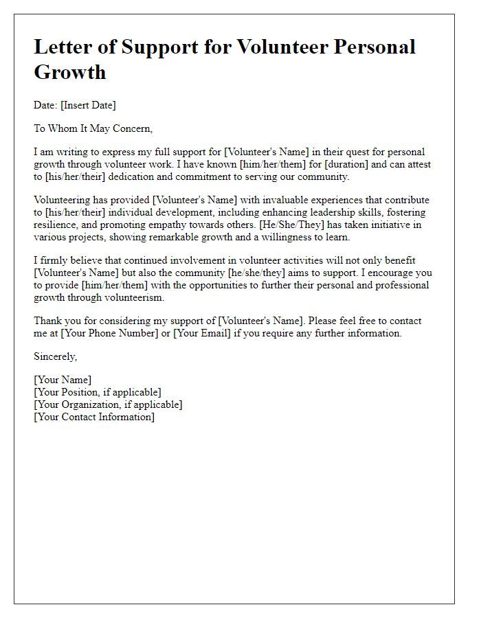 Letter template of support for volunteer personal growth.