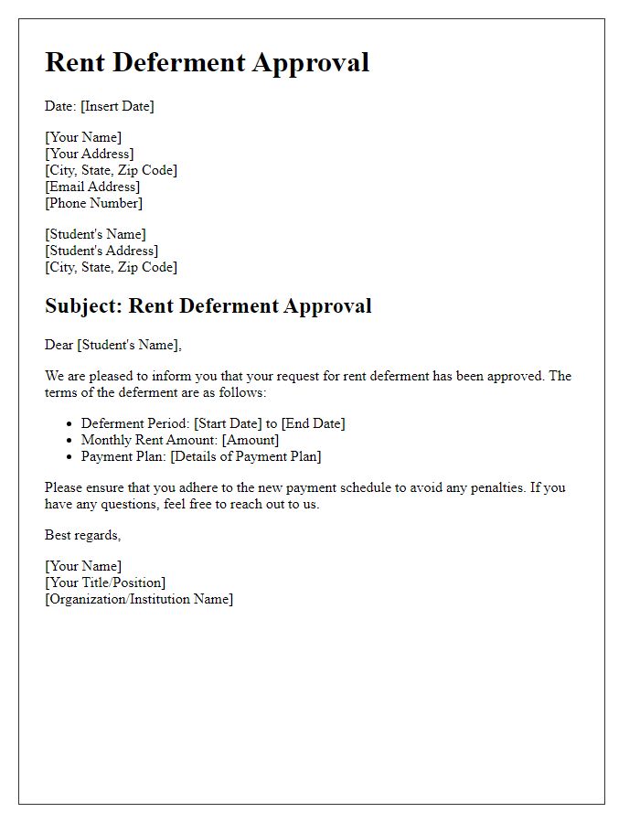 Letter template of Rent Deferment Approval for Students