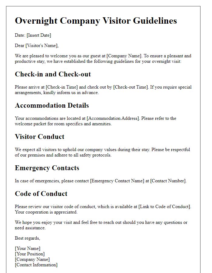 Letter template of overnight company visitor guidelines