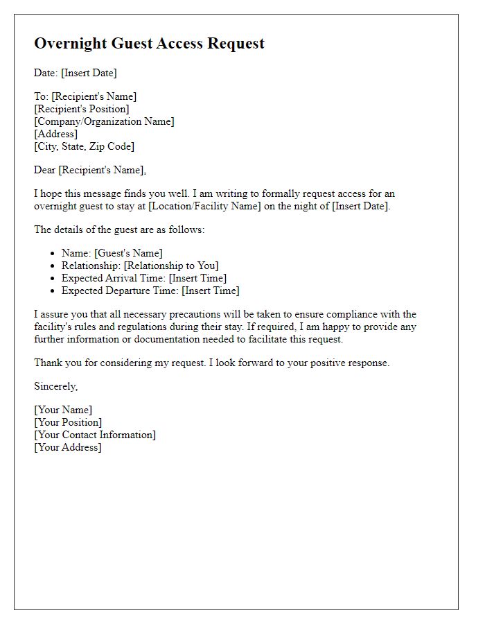 Letter template of overnight guest access request