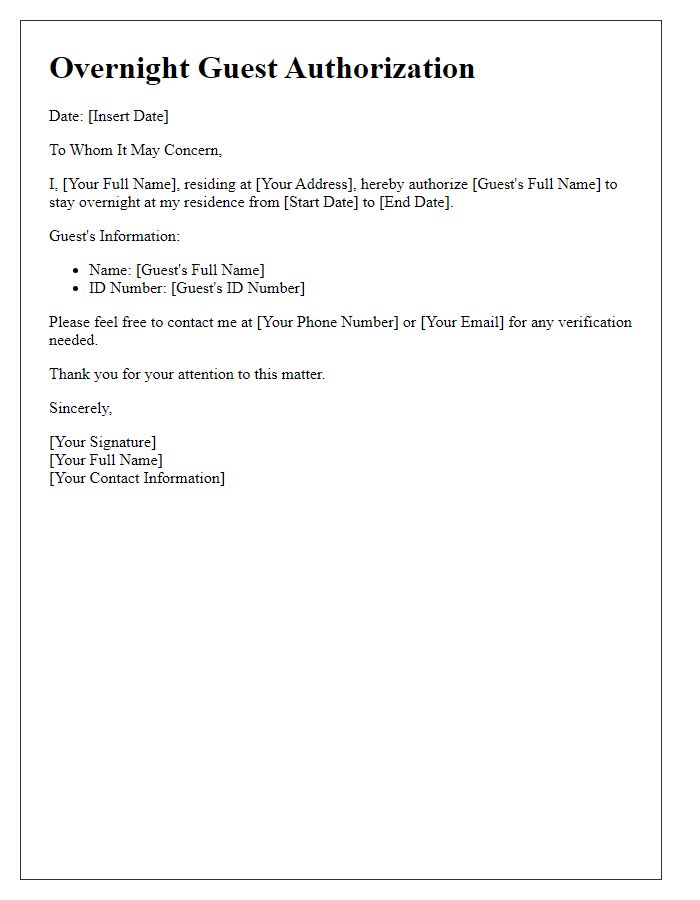 Letter template of overnight guest authorization