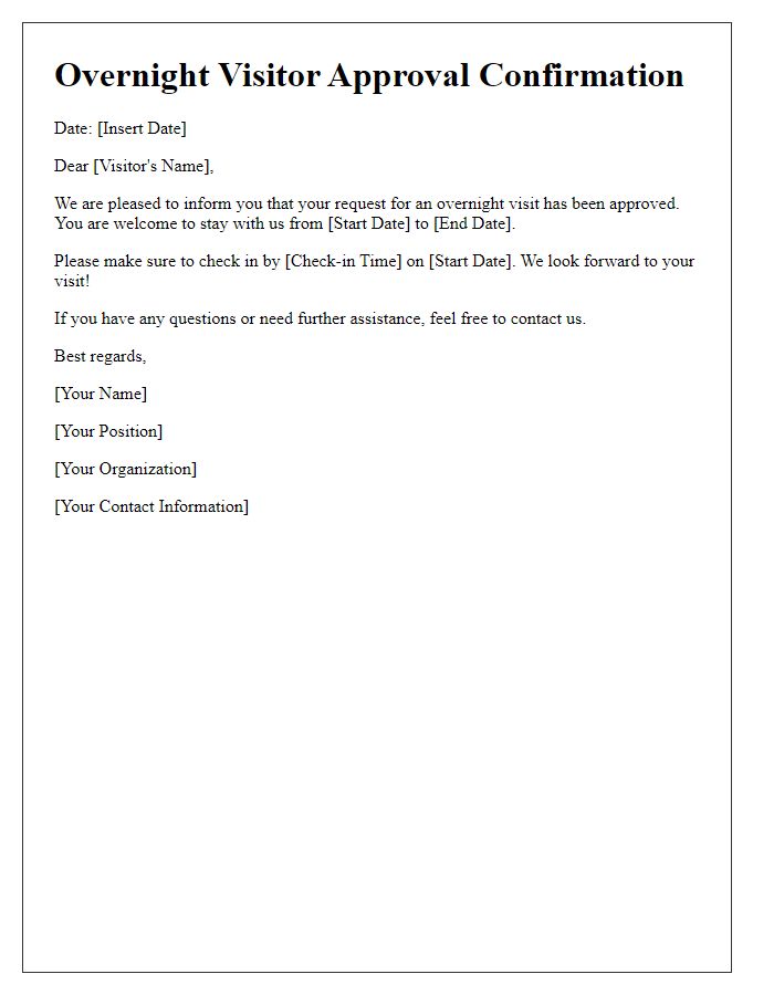 Letter template of overnight visitor approval confirmation