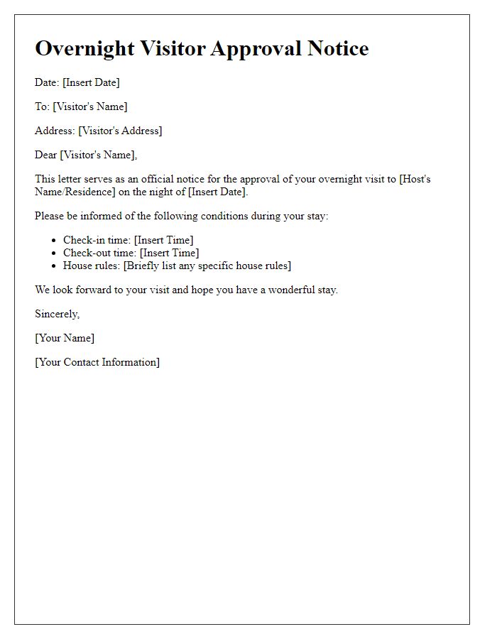 Letter template of overnight visitor approval notice