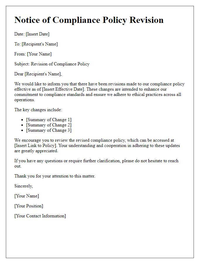 Letter template of compliance policy revision information