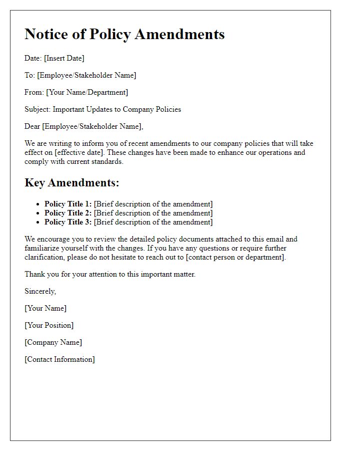 Letter template of policy amendments communication