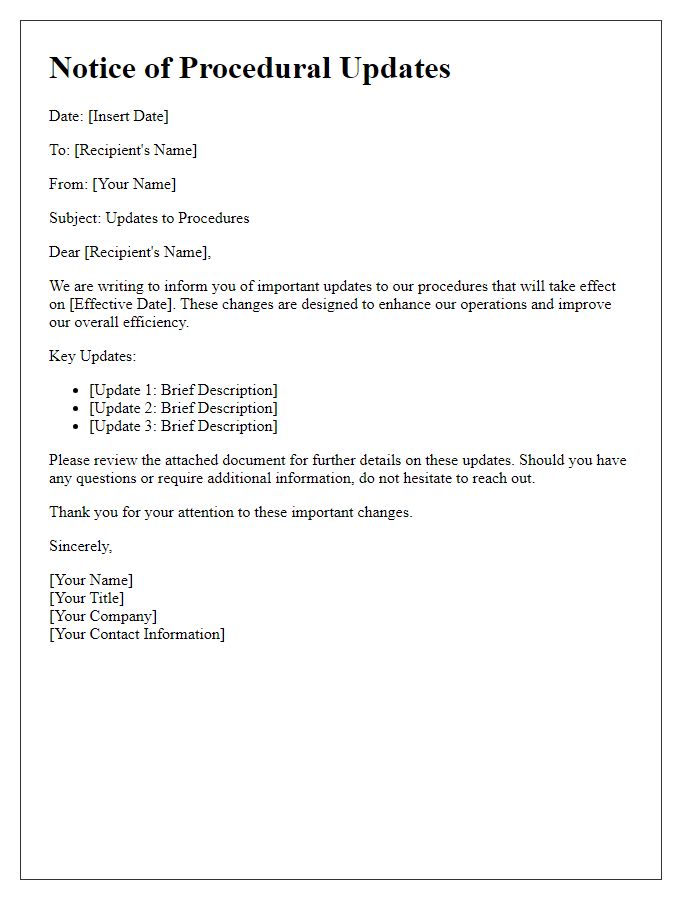 Letter template of procedural updates notice