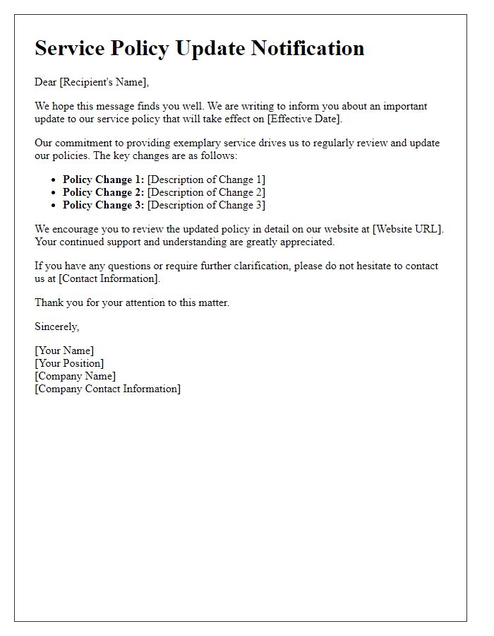 Letter template of service policy update dissemination