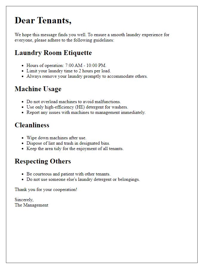 Letter template of laundry guidelines for tenants