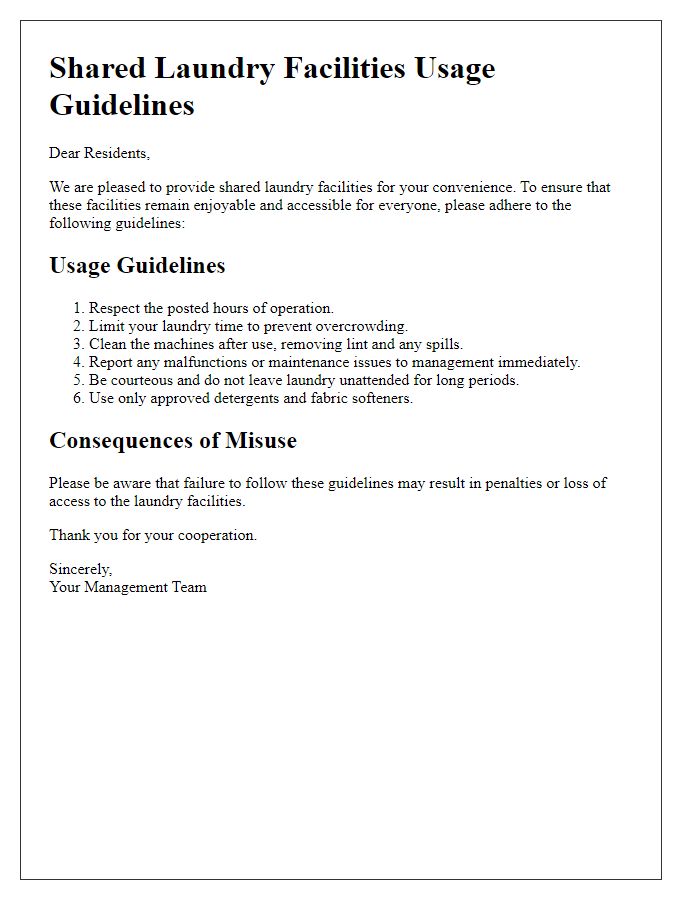 Letter template of shared laundry facilities usage guidelines