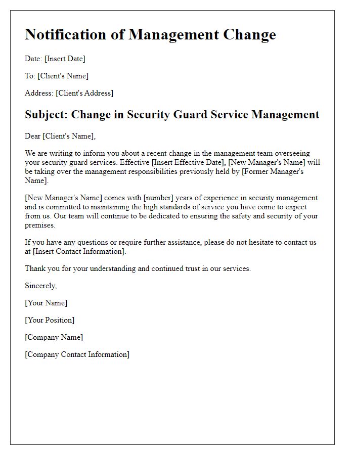 Letter template of security guard service management change.