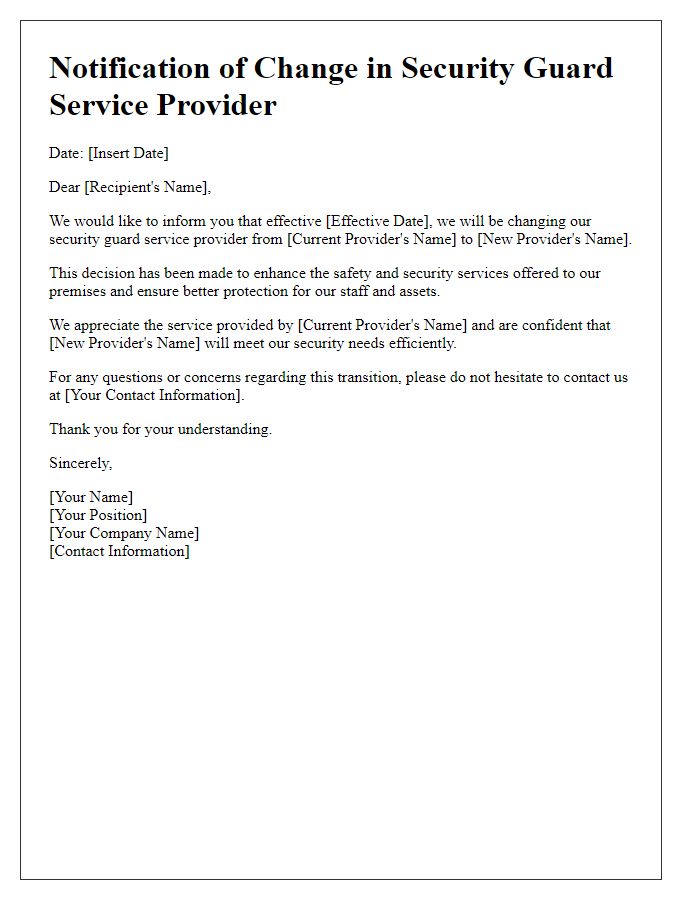 Letter template of security guard service provider change.