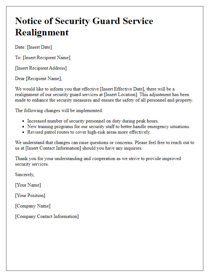 Letter template of security guard service realignment notice.