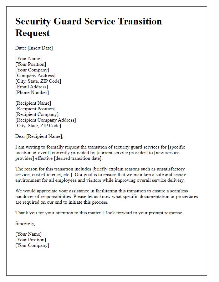 Letter template of security guard service transition request.