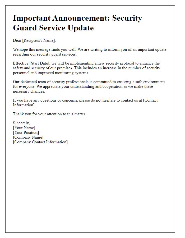 Letter template of security guard service update announcement.