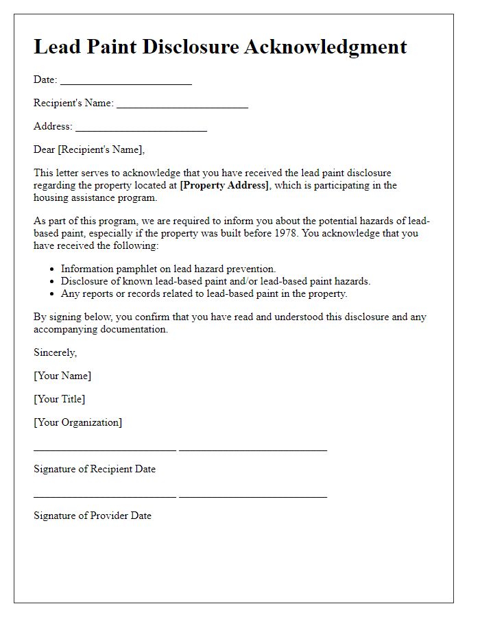 Letter template of lead paint disclosure acknowledgment for housing assistance programs.