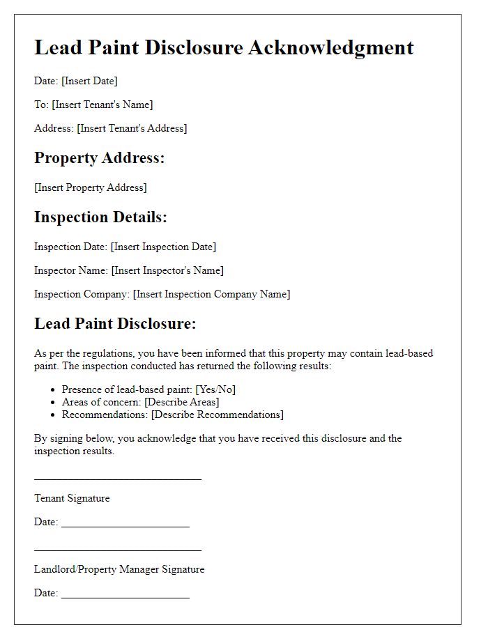 Letter template of lead paint disclosure acknowledgment with inspection details.