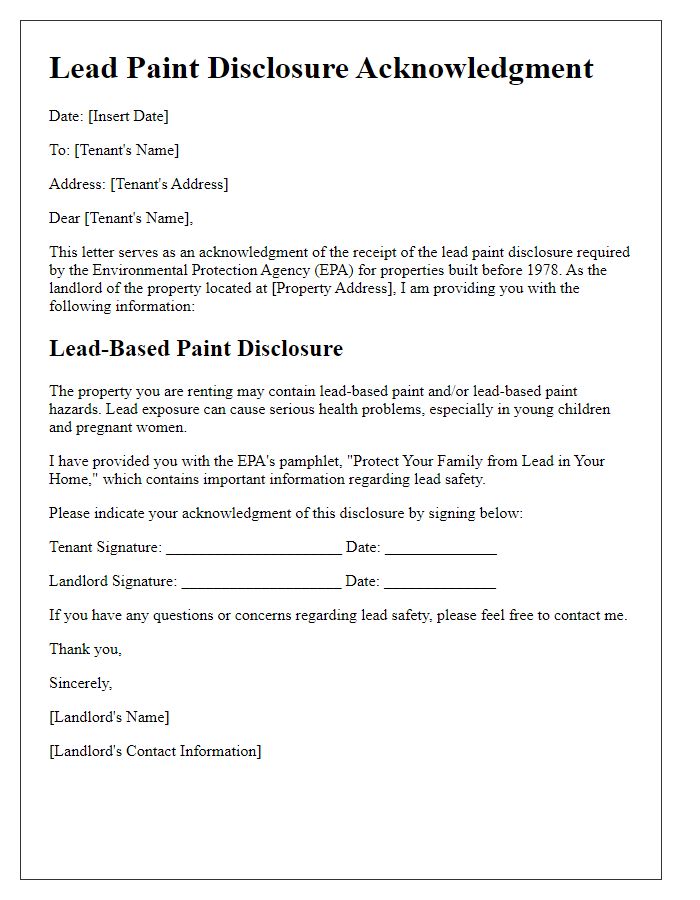 Letter template of lead paint disclosure acknowledgment for landlords.