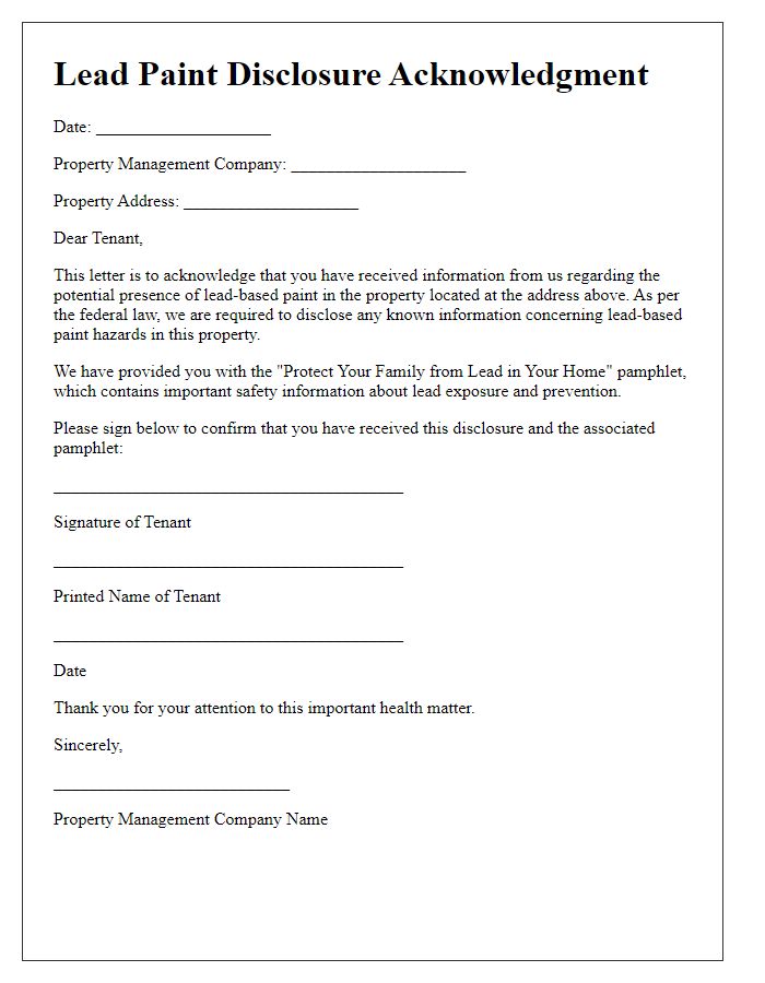 Letter template of lead paint disclosure acknowledgment for property management companies.