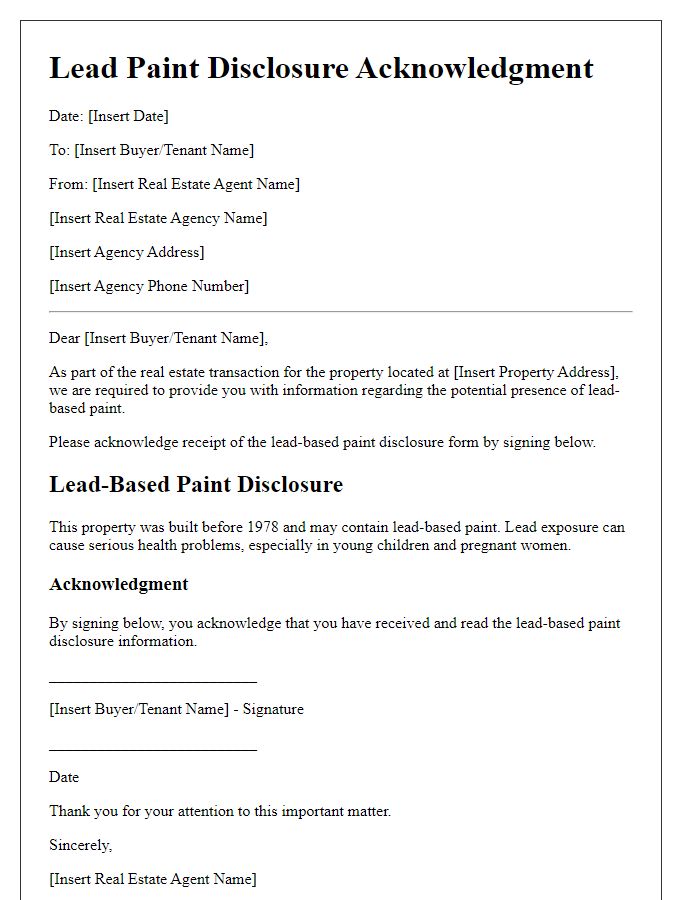 Letter template of lead paint disclosure acknowledgment for real estate agents.