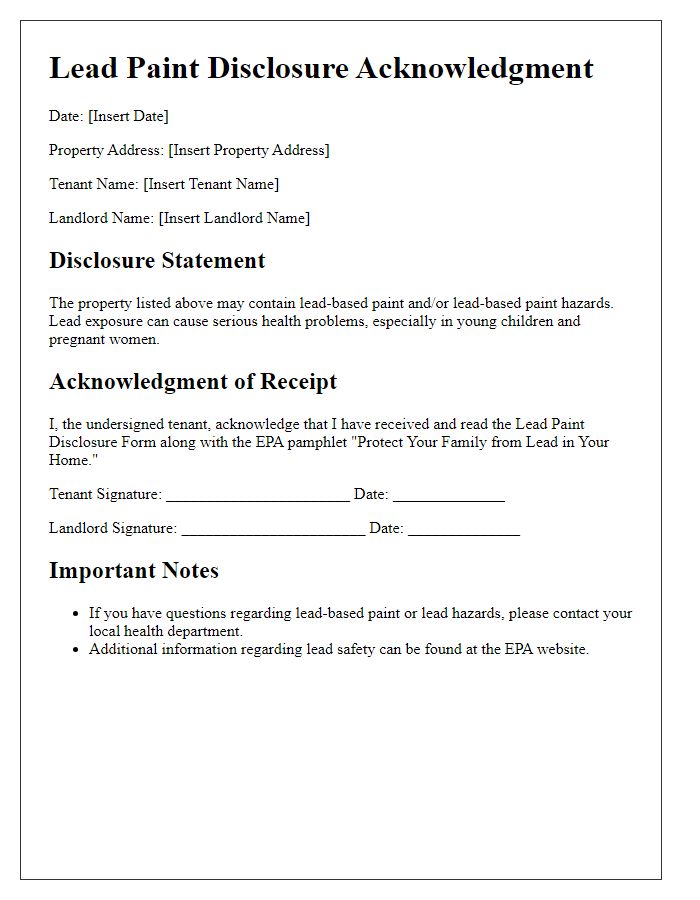 Letter template of lead paint disclosure acknowledgment for rental agreements.