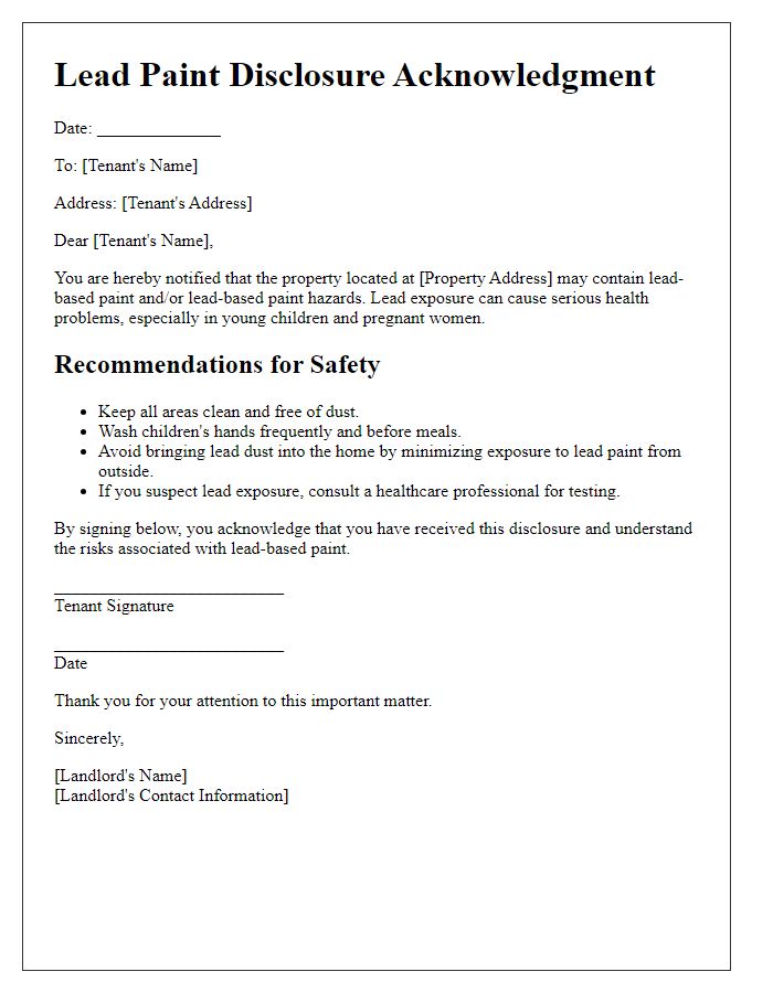 Letter template of lead paint disclosure acknowledgment with safety recommendations.