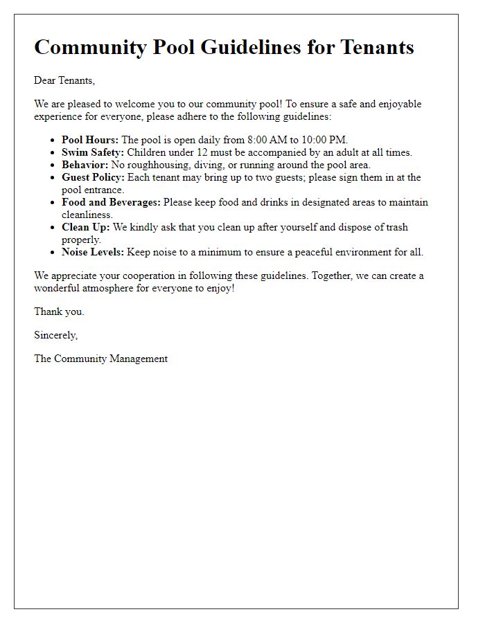 Letter template of Community Pool Guidelines for Tenants