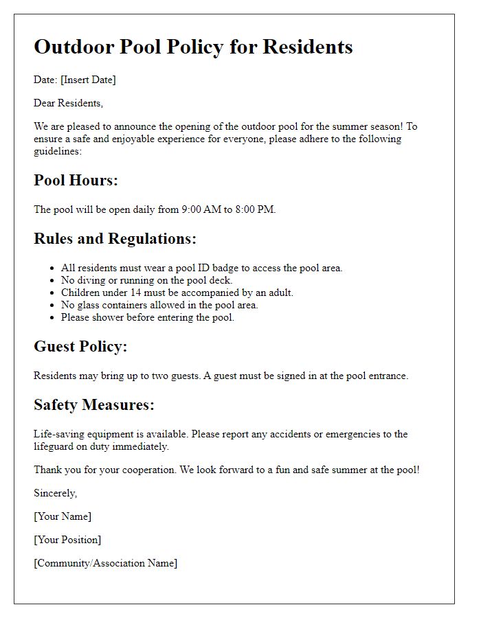 Letter template of Outdoor Pool Policy for Residents