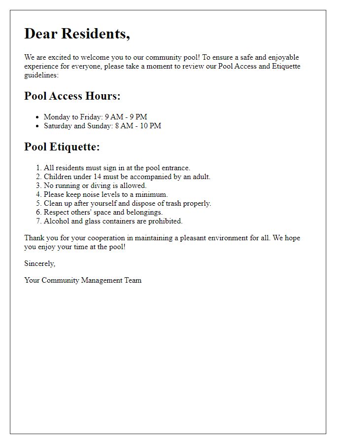 Letter template of Pool Access and Etiquette for Residents