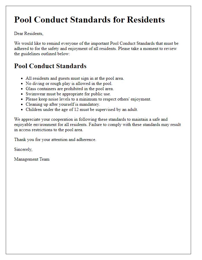 Letter template of Pool Conduct Standards for Residents