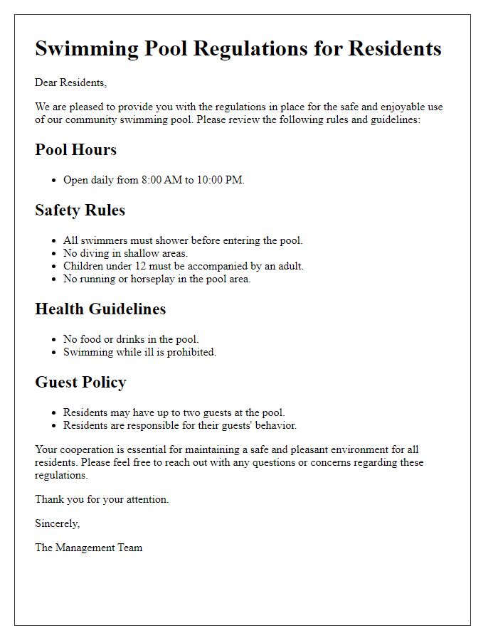 Letter template of Swimming Pool Regulations for Residents