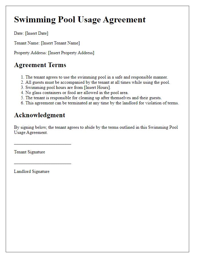 Letter template of Swimming Pool Usage Agreement for Tenants