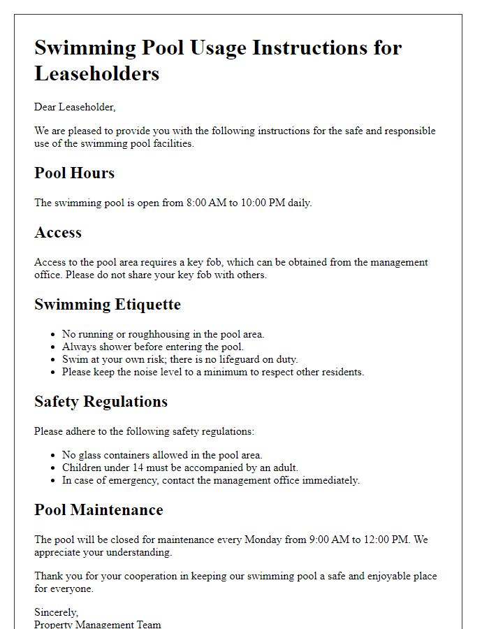 Letter template of Swimming Pool Usage Instructions for Leaseholders