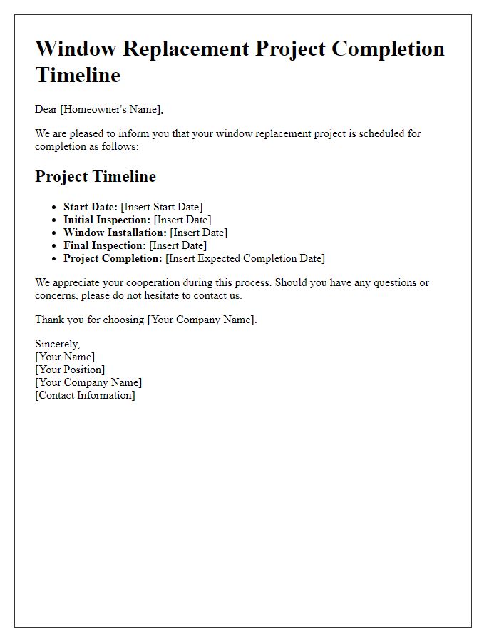 Letter template of window replacement project completion timeline