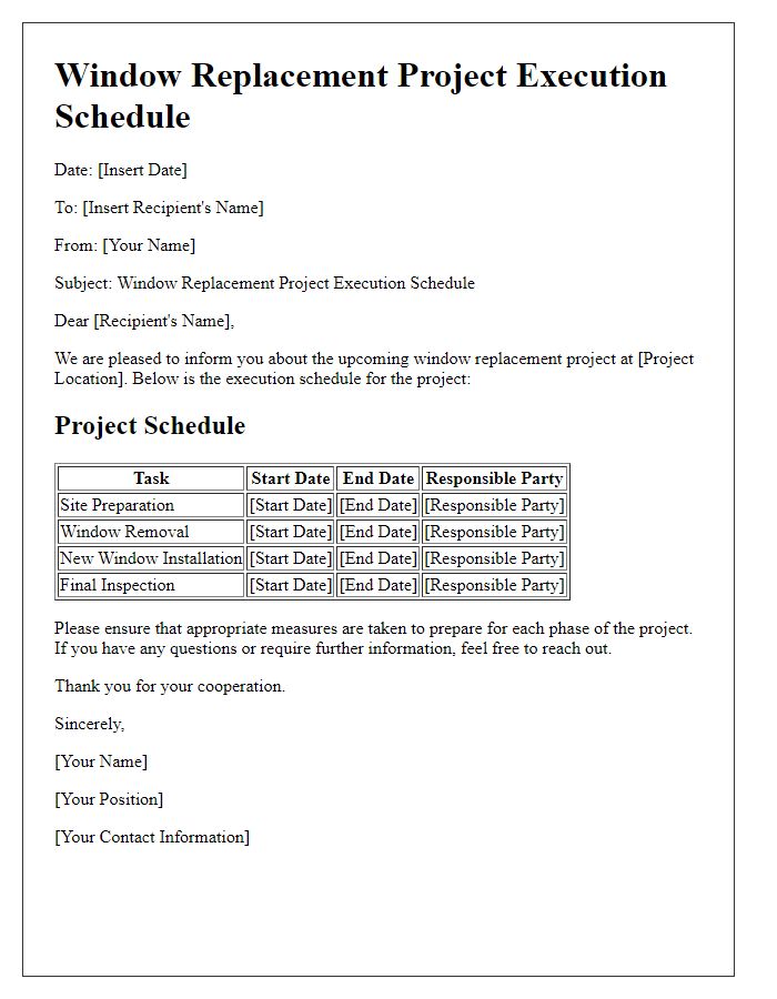 Letter template of window replacement project execution schedule