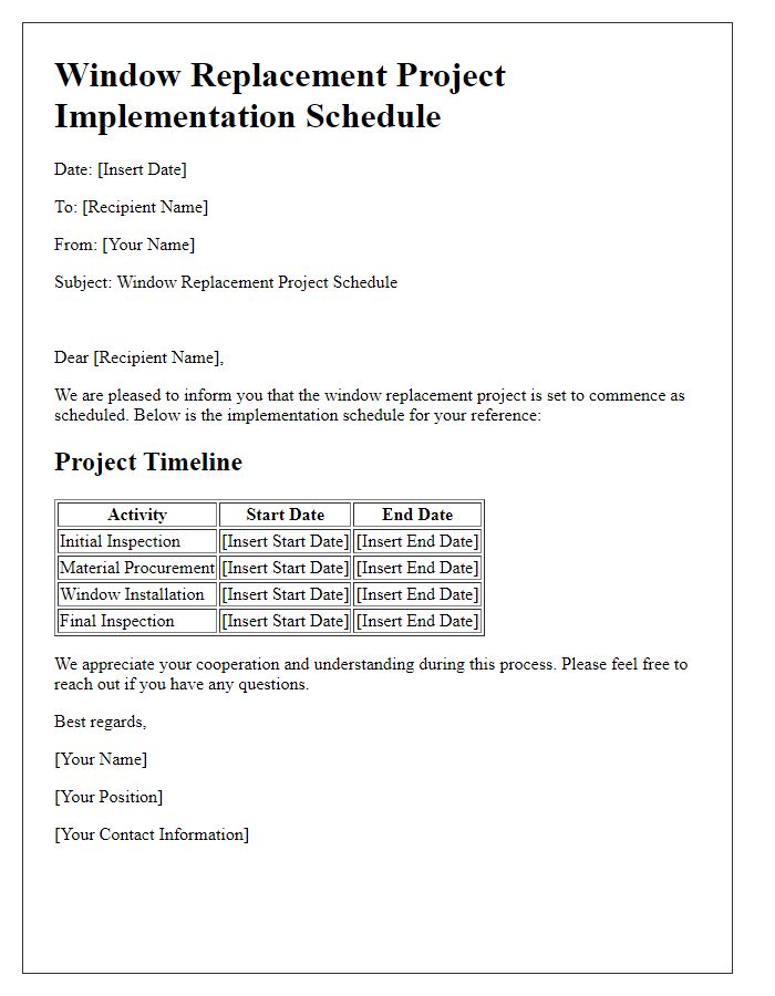 Letter template of window replacement project implementation schedule