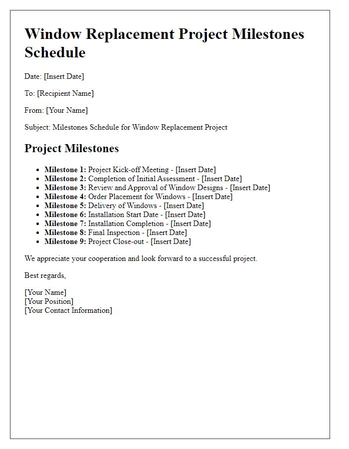 Letter template of window replacement project milestones schedule