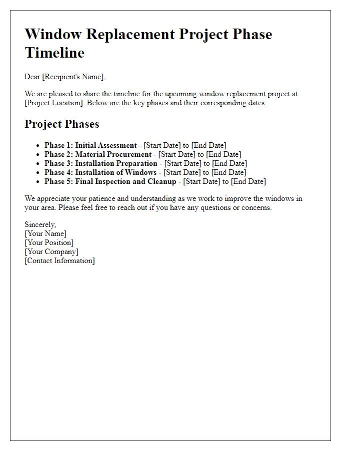 Letter template of window replacement project phase timeline