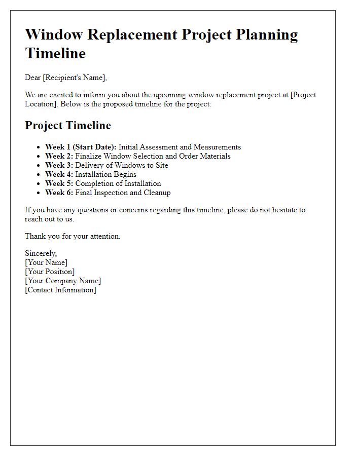 Letter template of window replacement project planning timeline