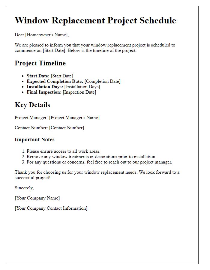 Letter template of window replacement project schedule