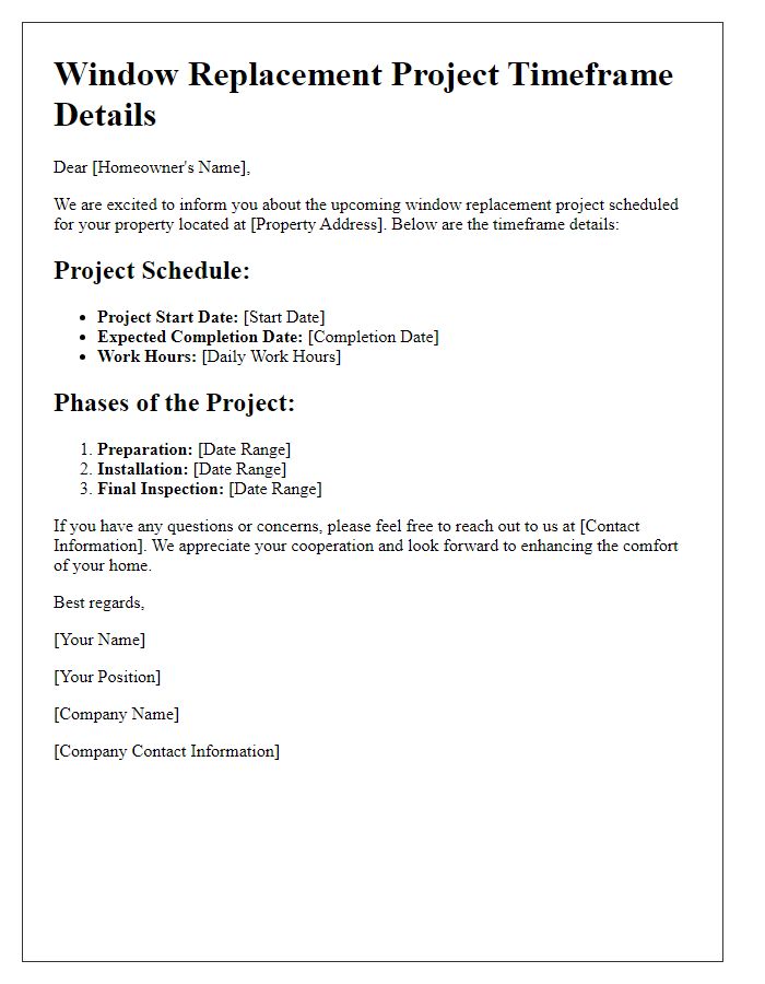 Letter template of window replacement project timeframe details