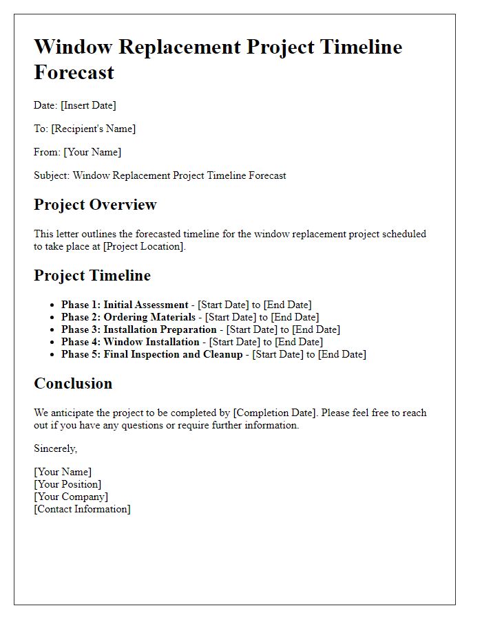 Letter template of window replacement project timeline forecast